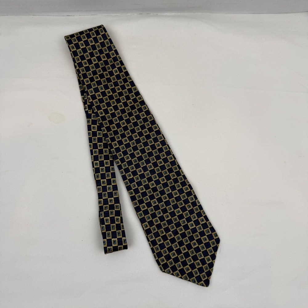 Barrington Mens Silk Tie Navy Blue Gold Green Geometric Square Pattern USA Made